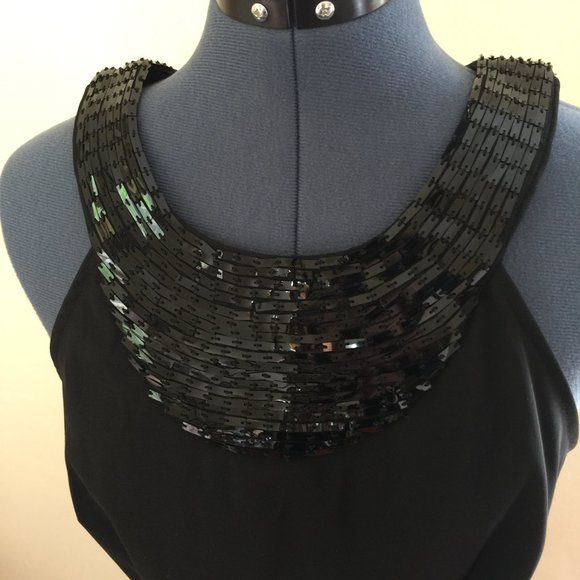 Connected Apparel Black Cocktail Dress w Sequin Bib Neckline Size 10 - Picture 3 of 5